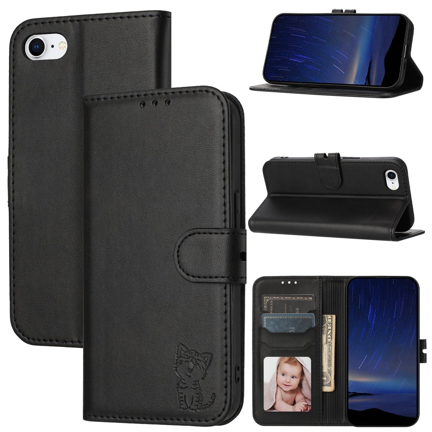 For iPhone 16e Embossed Happy Cat Pattern Flip Leather Phone Case(Black)