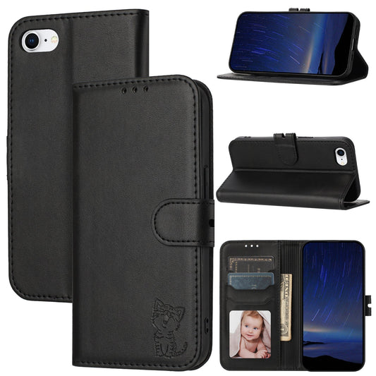 For iPhone 16e Embossed Happy Cat Pattern Flip Leather Phone Case(Black)