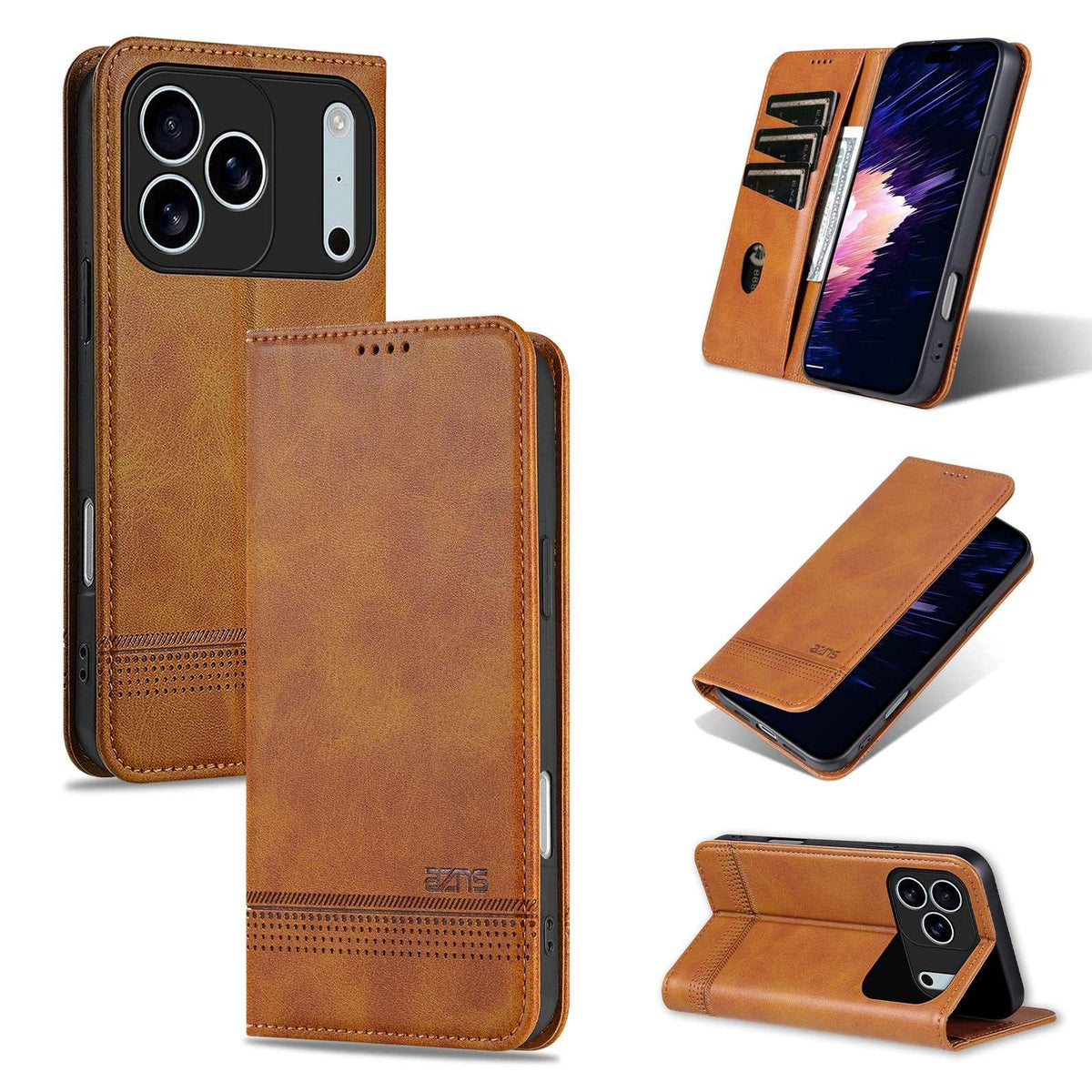 Compatible with iPhone 18 Pro Max AZNS Magnetic Calf Texture Flip Leather Phone Case - Light Brown