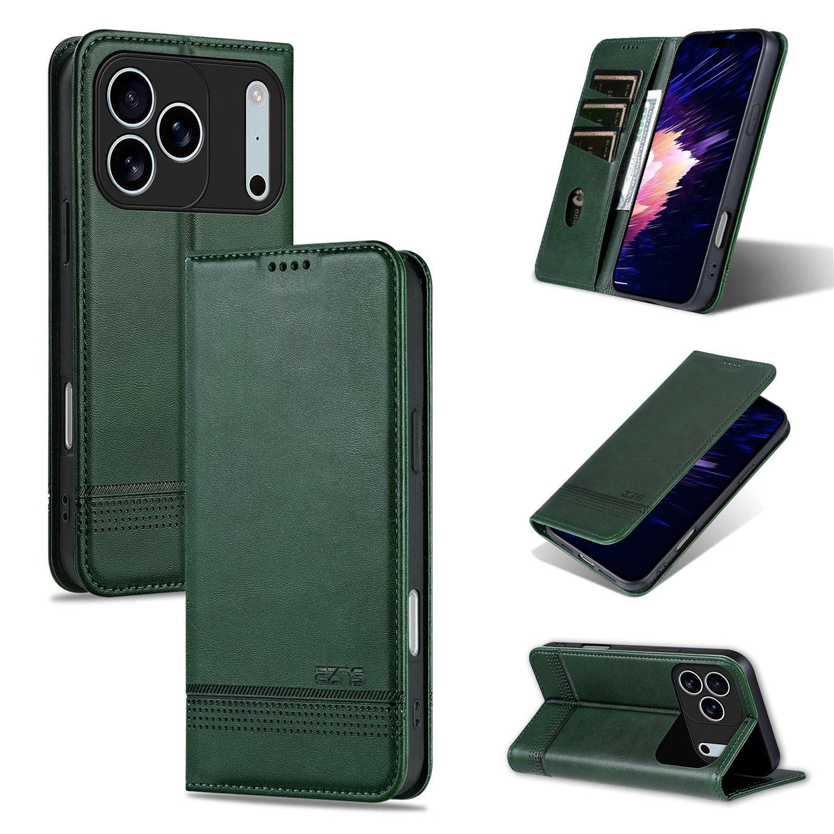 Compatible with iPhone 18 Pro AZNS Magnetic Calf Texture Flip Leather Phone Case - Dark Green