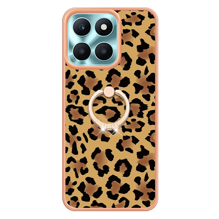 For Honor X6a Electroplating Dual-side IMD Phone Case with Ring Holder(Leopard Print)