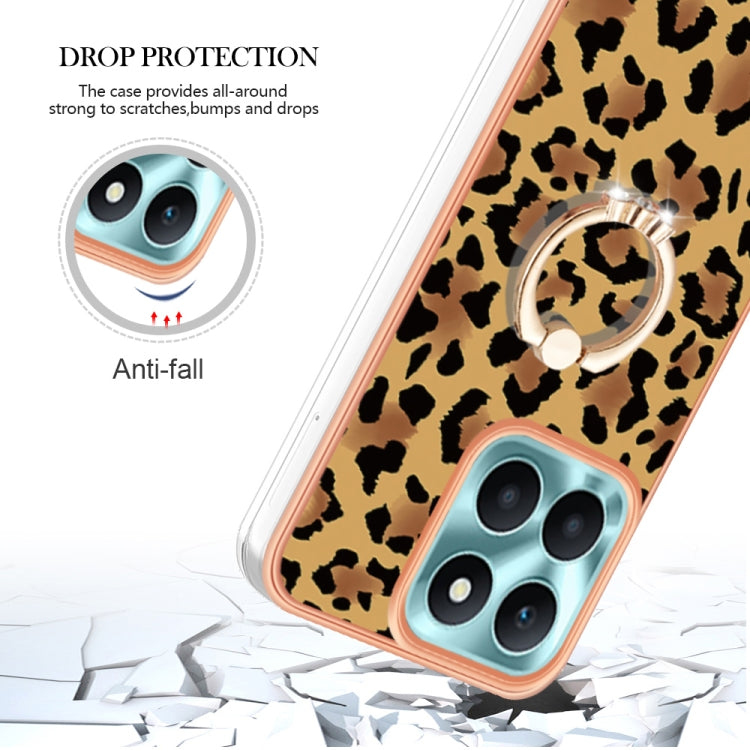 For Honor X6a Electroplating Dual-side IMD Phone Case with Ring Holder(Leopard Print)