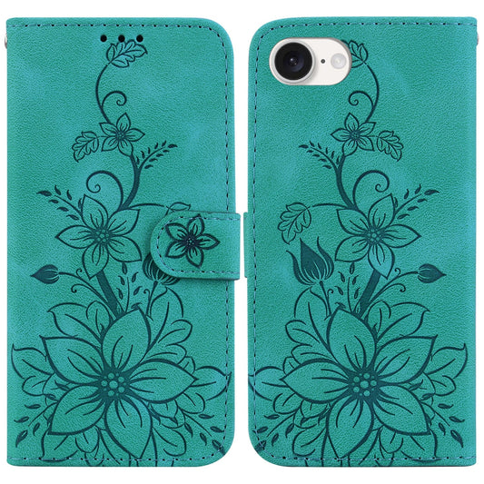 For iPhone 16e Lily Embossed Leather Phone Case(Green)