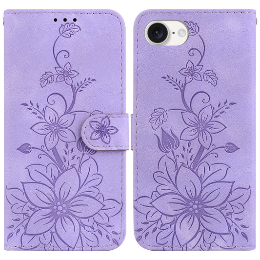 For iPhone 16e Lily Embossed Leather Phone Case(Purple)