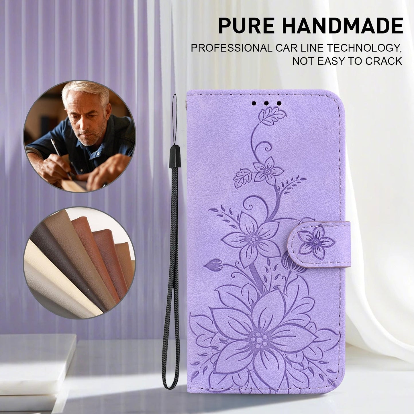 For iPhone 16e Lily Embossed Leather Phone Case(Purple)
