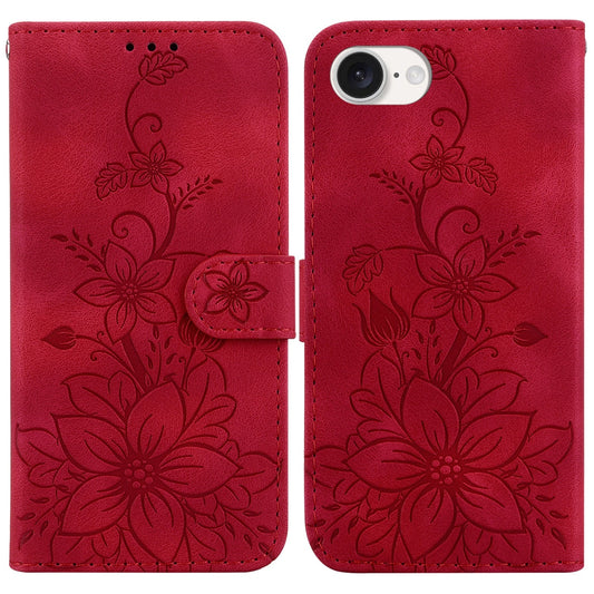 For iPhone 16e Lily Embossed Leather Phone Case(Red)