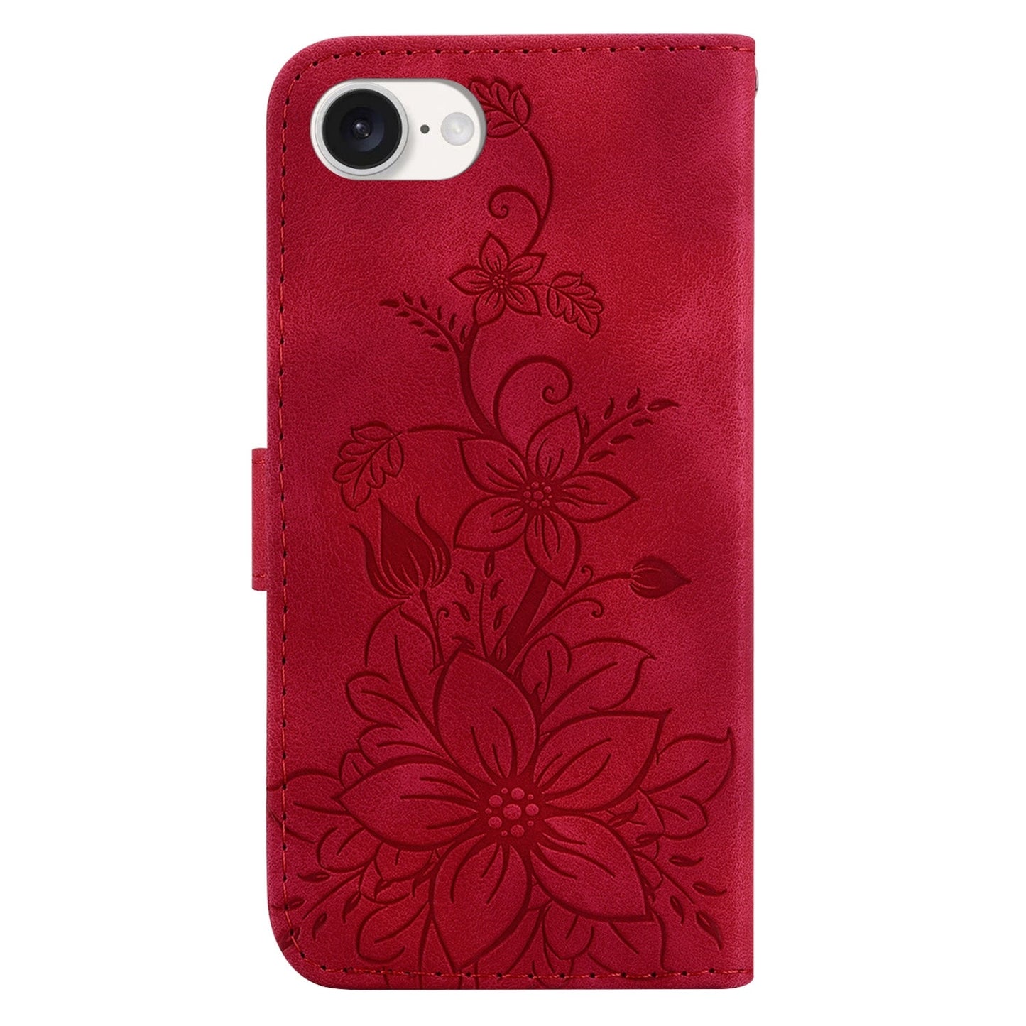 For iPhone 16e Lily Embossed Leather Phone Case(Red)