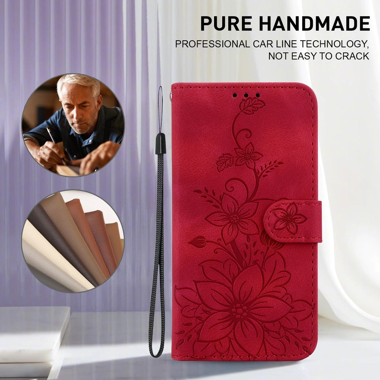 For iPhone 16e Lily Embossed Leather Phone Case(Red)