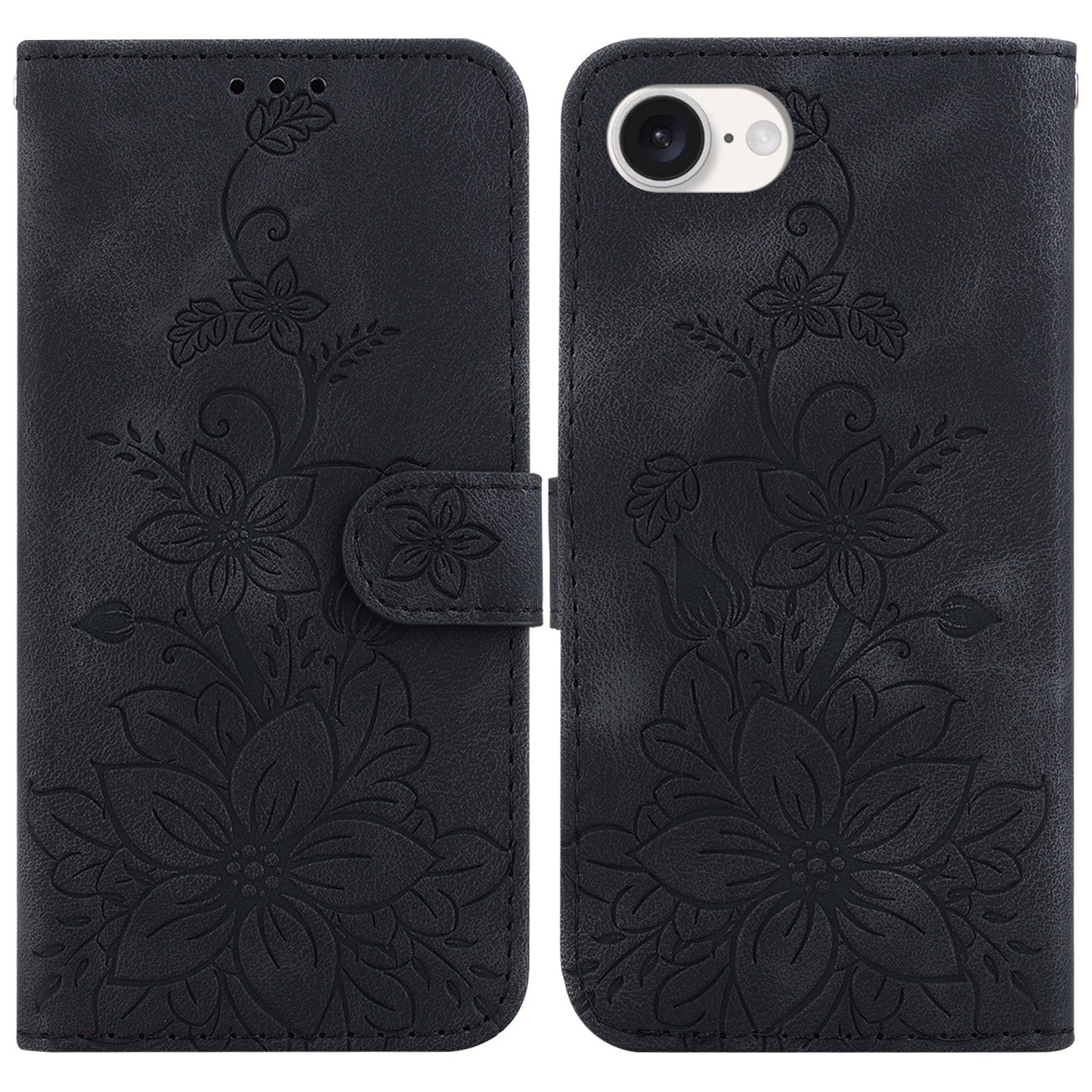 For iPhone 16e Lily Embossed Leather Phone Case(Black)
