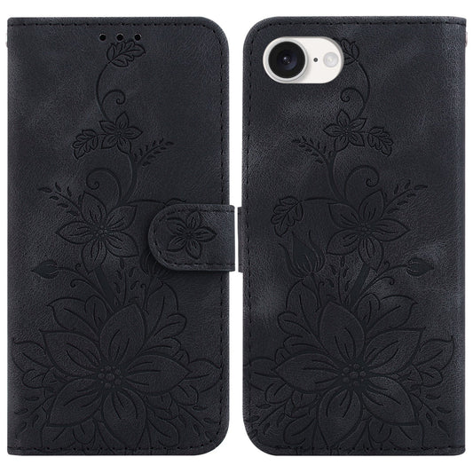 For iPhone 16e Lily Embossed Leather Phone Case(Black)