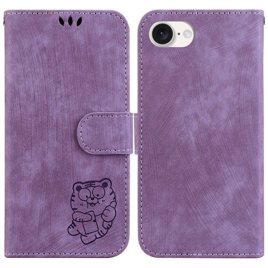 For iPhone 16e Little Tiger Embossed Leather Phone Case(Purple)