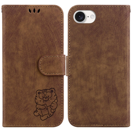 For iPhone 16e Little Tiger Embossed Leather Phone Case(Brown)
