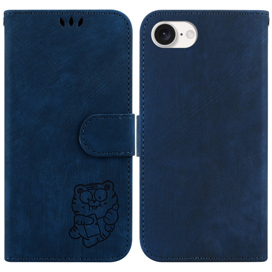 For iPhone 16e Little Tiger Embossed Leather Phone Case(Dark Blue)