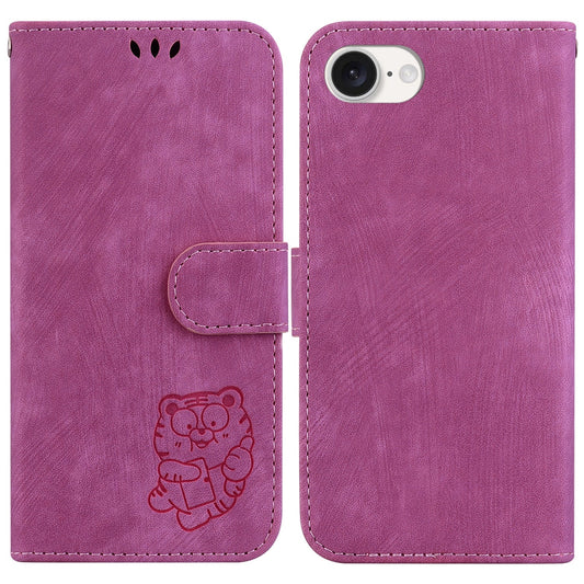 For iPhone 16e Little Tiger Embossed Leather Phone Case(Rose Red)