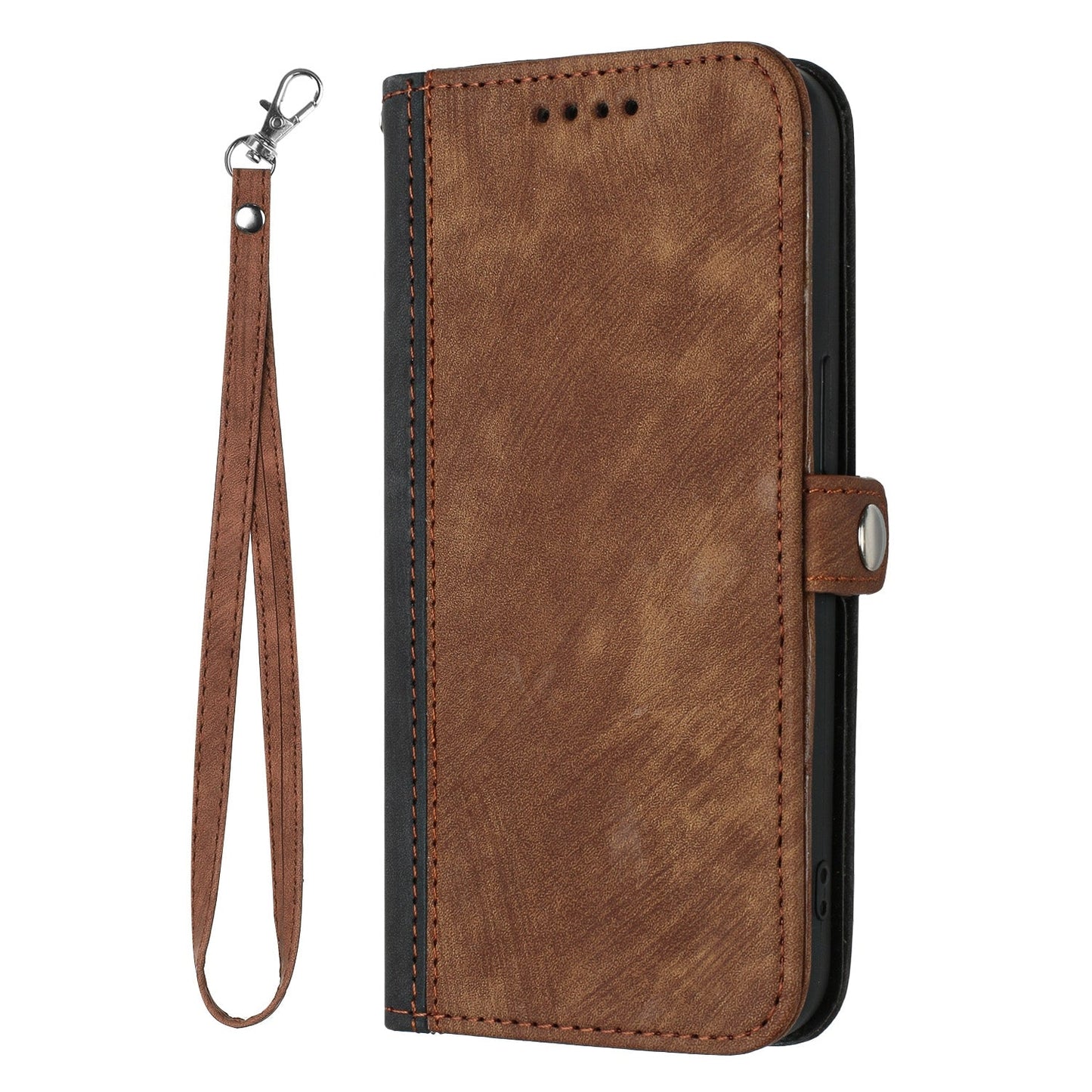 For iPhone 16e Side Buckle Double Fold Hand Strap Leather Phone Case(Brown)