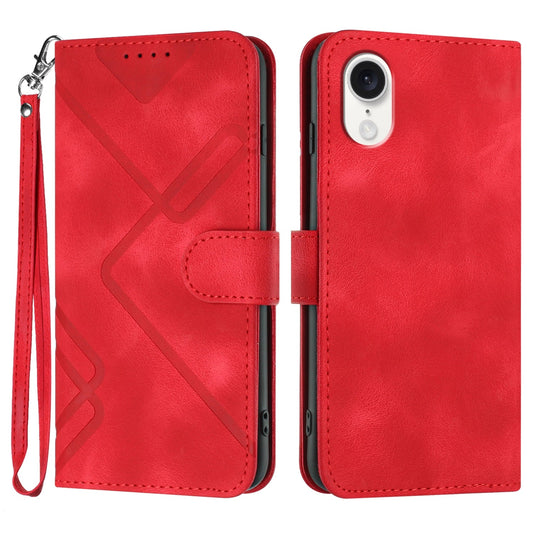For iPhone 16e Line Pattern Skin Feel Leather Phone Case(Red)