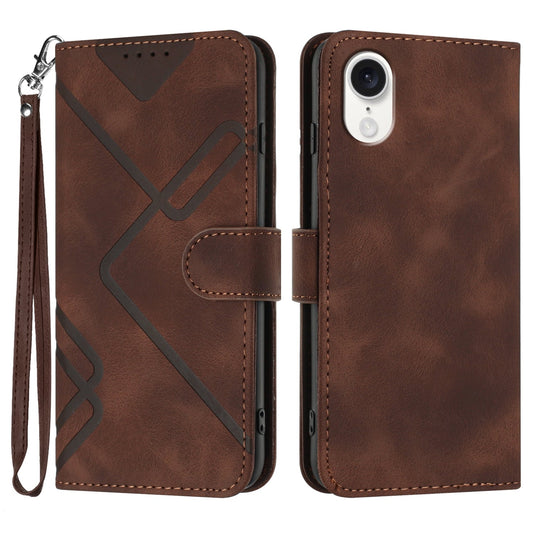For iPhone 16e Line Pattern Skin Feel Leather Phone Case(Coffee)