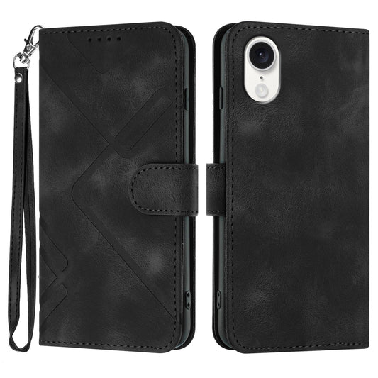 For iPhone 16e Line Pattern Skin Feel Leather Phone Case(Black)