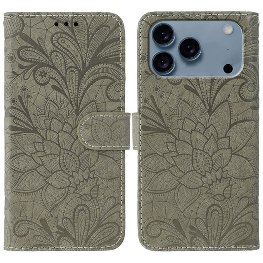 Compatible with iPhone 18 Pro Max & 17 Pro Max Lace Flower Embossing Flip Leather Phone Case - Grey