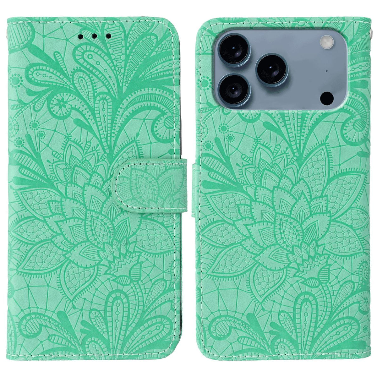 Compatible with iPhone 18 Pro Max & 17 Pro Max Lace Flower Embossing Flip Leather Phone Case - Green