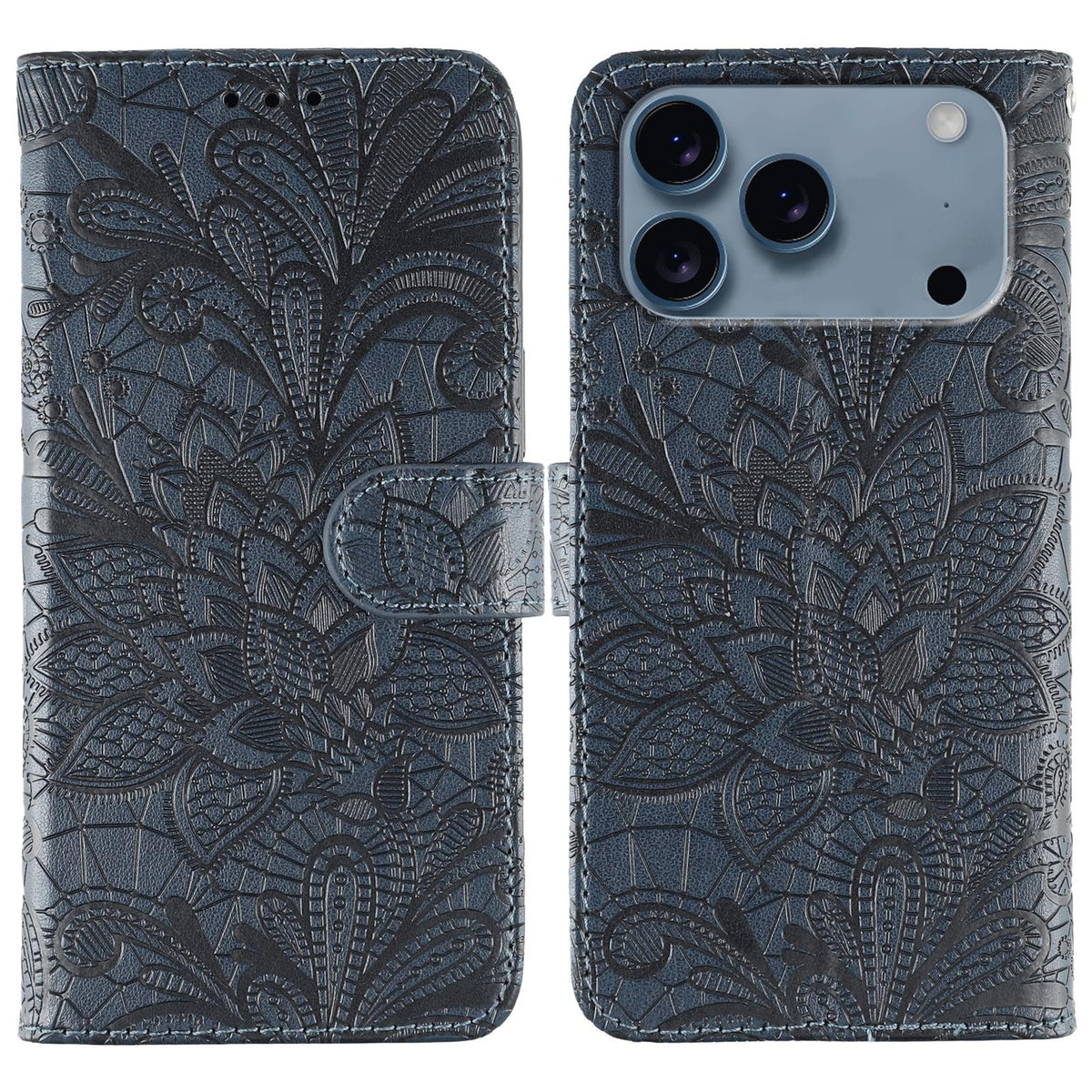Compatible with iPhone 18 Pro Max & 17 Pro Max Lace Flower Embossing Flip Leather Phone Case - Dark Blue