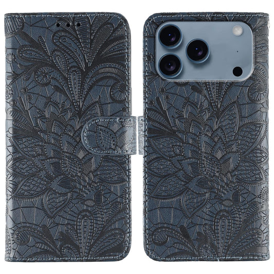 Compatible with iPhone 18 Pro Max & 17 Pro Max Lace Flower Embossing Flip Leather Phone Case - Dark Blue