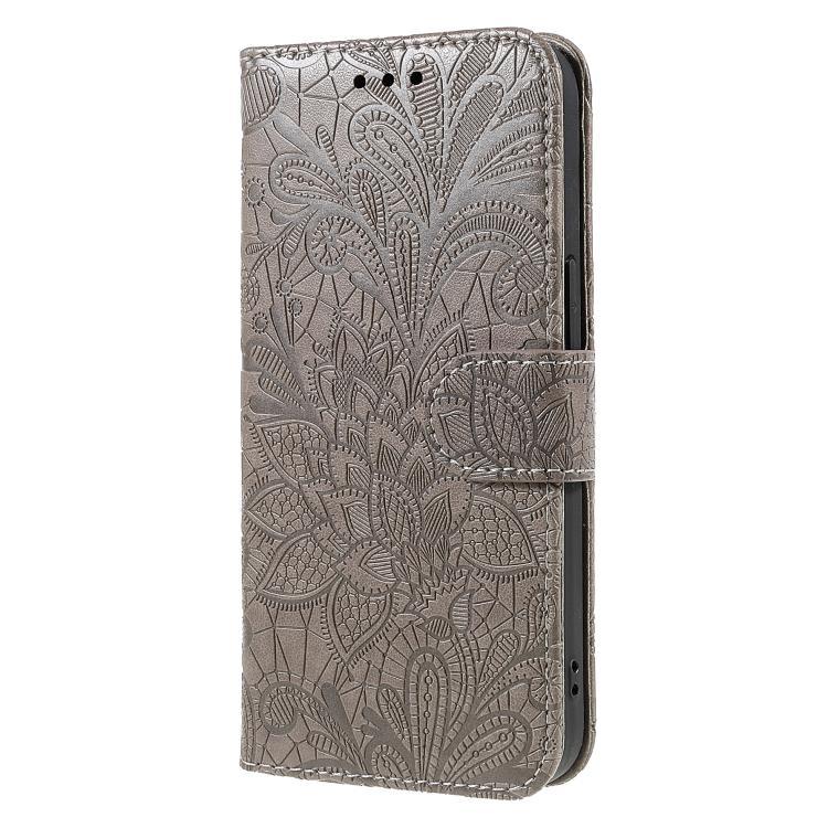 Compatible with iPhone 18 Pro & 17 Pro Lace Flower Embossing Flip Leather Phone Case - Grey