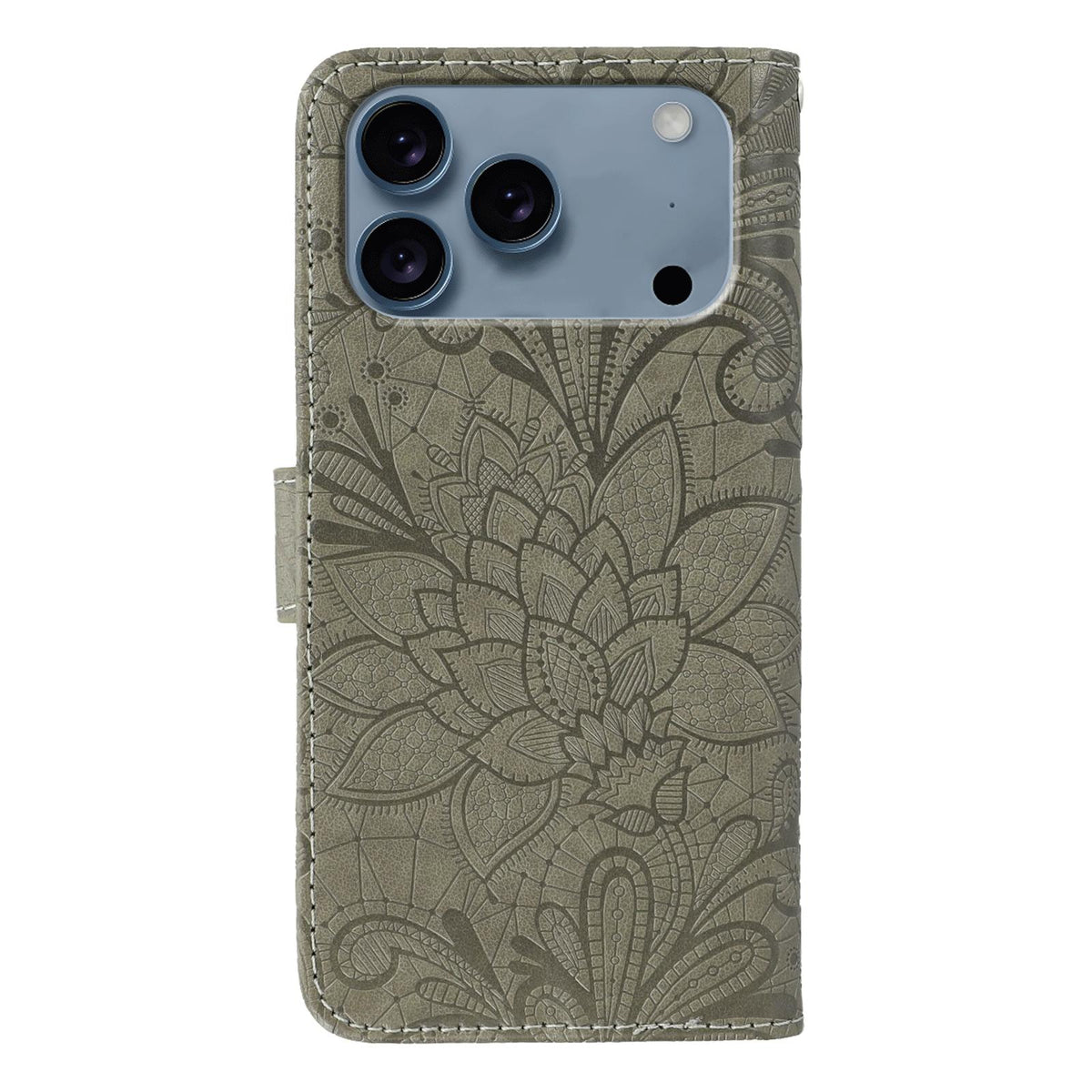 Compatible with iPhone 18 Pro & 17 Pro Lace Flower Embossing Flip Leather Phone Case - Grey