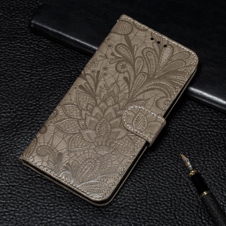 Compatible with iPhone 18 Pro & 17 Pro Lace Flower Embossing Flip Leather Phone Case - Grey