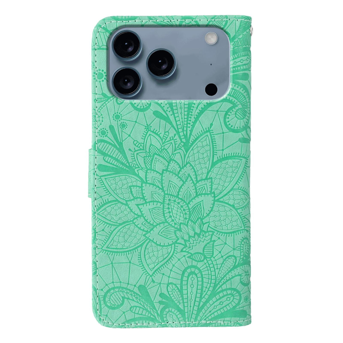 Compatible with iPhone 18 Pro & 17 Pro Lace Flower Embossing Flip Leather Phone Case - Green