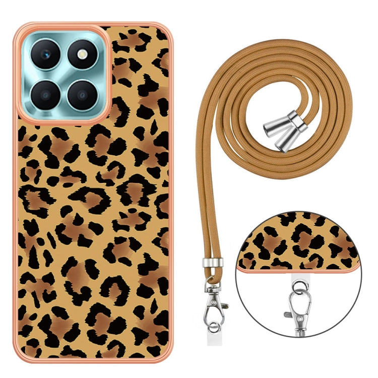 For Honor X6a Electroplating Dual-side IMD Phone Case with Lanyard(Leopard Print)