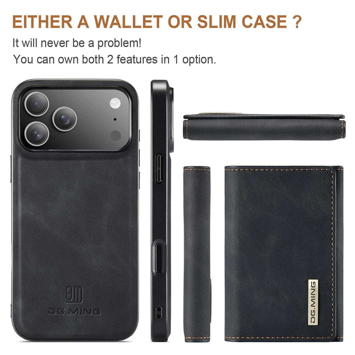 Compatible with iPhone 18 Pro Max & 17 Pro Max DG.MING M1 Series 3-Fold Multi Card Wallet Leather Phone Case - Black