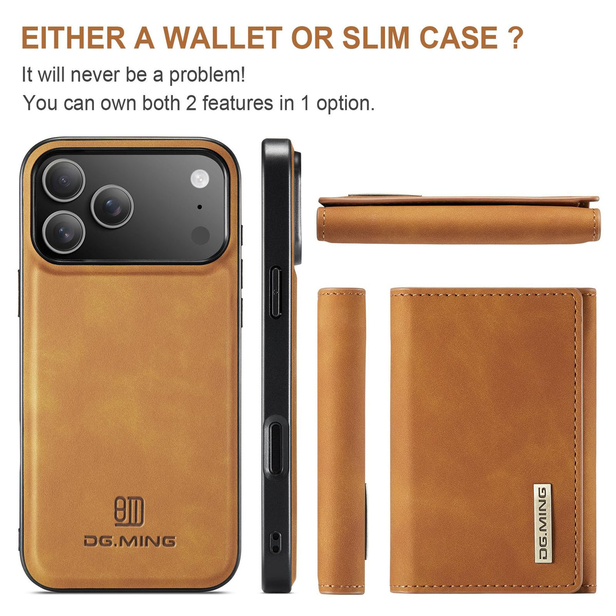 Compatible with iPhone 18 Pro Max & 17 Pro Max DG.MING M1 Series 3-Fold Multi Card Wallet Leather Phone Case - Brown