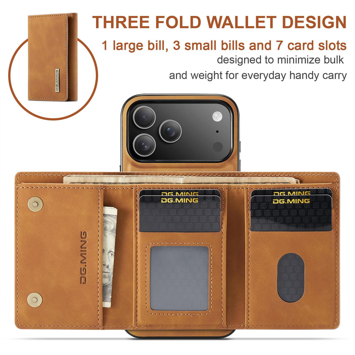 Compatible with iPhone 18 Pro Max & 17 Pro Max DG.MING M1 Series 3-Fold Multi Card Wallet Leather Phone Case - Brown