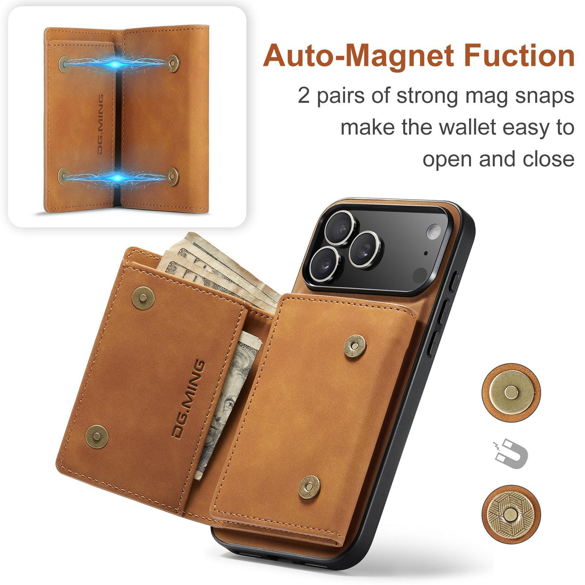 Compatible with iPhone 18 Pro Max & 17 Pro Max DG.MING M1 Series 3-Fold Multi Card Wallet Leather Phone Case - Brown