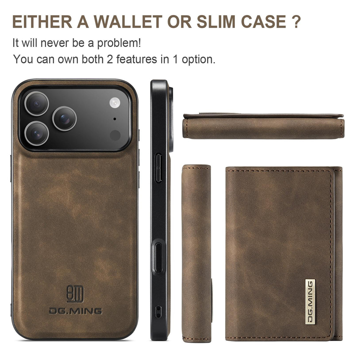 Compatible with iPhone 18 Pro Max & 17 Pro Max DG.MING M1 Series 3-Fold Multi Card Wallet Leather Phone Case - Coffee