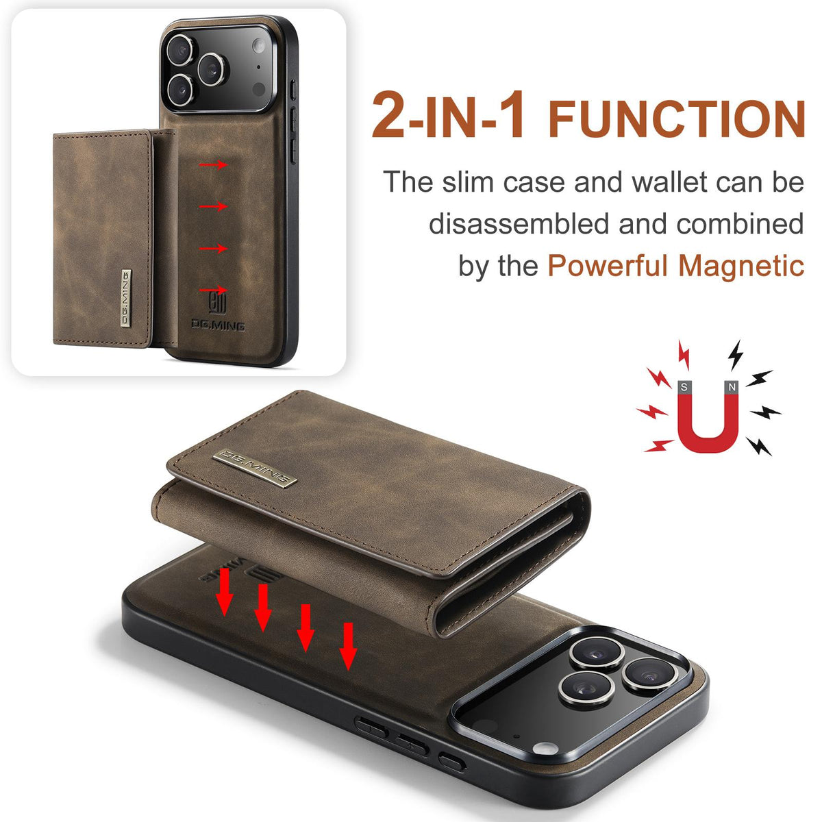 Compatible with iPhone 18 Pro Max & 17 Pro Max DG.MING M1 Series 3-Fold Multi Card Wallet Leather Phone Case - Coffee