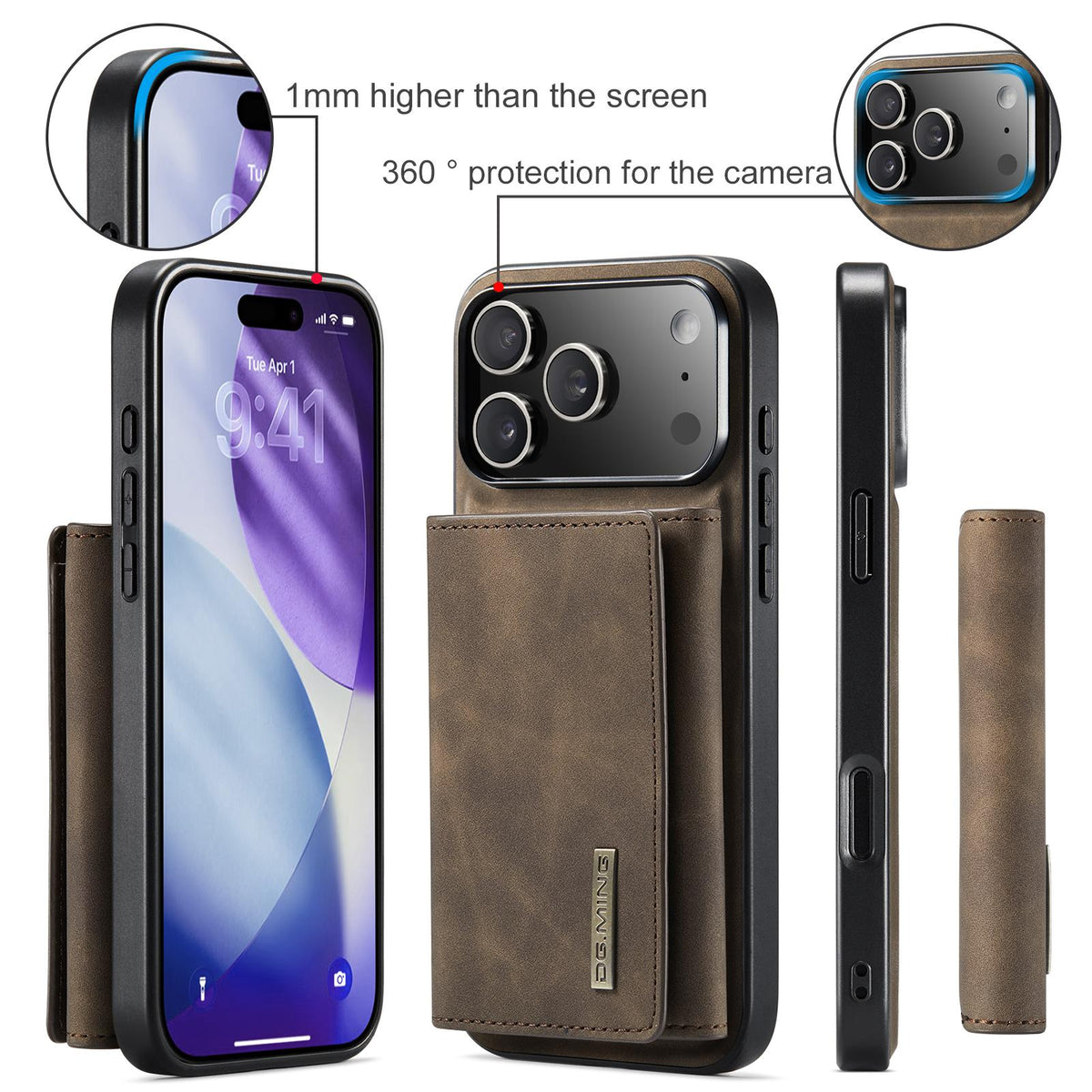 Compatible with iPhone 18 Pro Max & 17 Pro Max DG.MING M1 Series 3-Fold Multi Card Wallet Leather Phone Case - Coffee