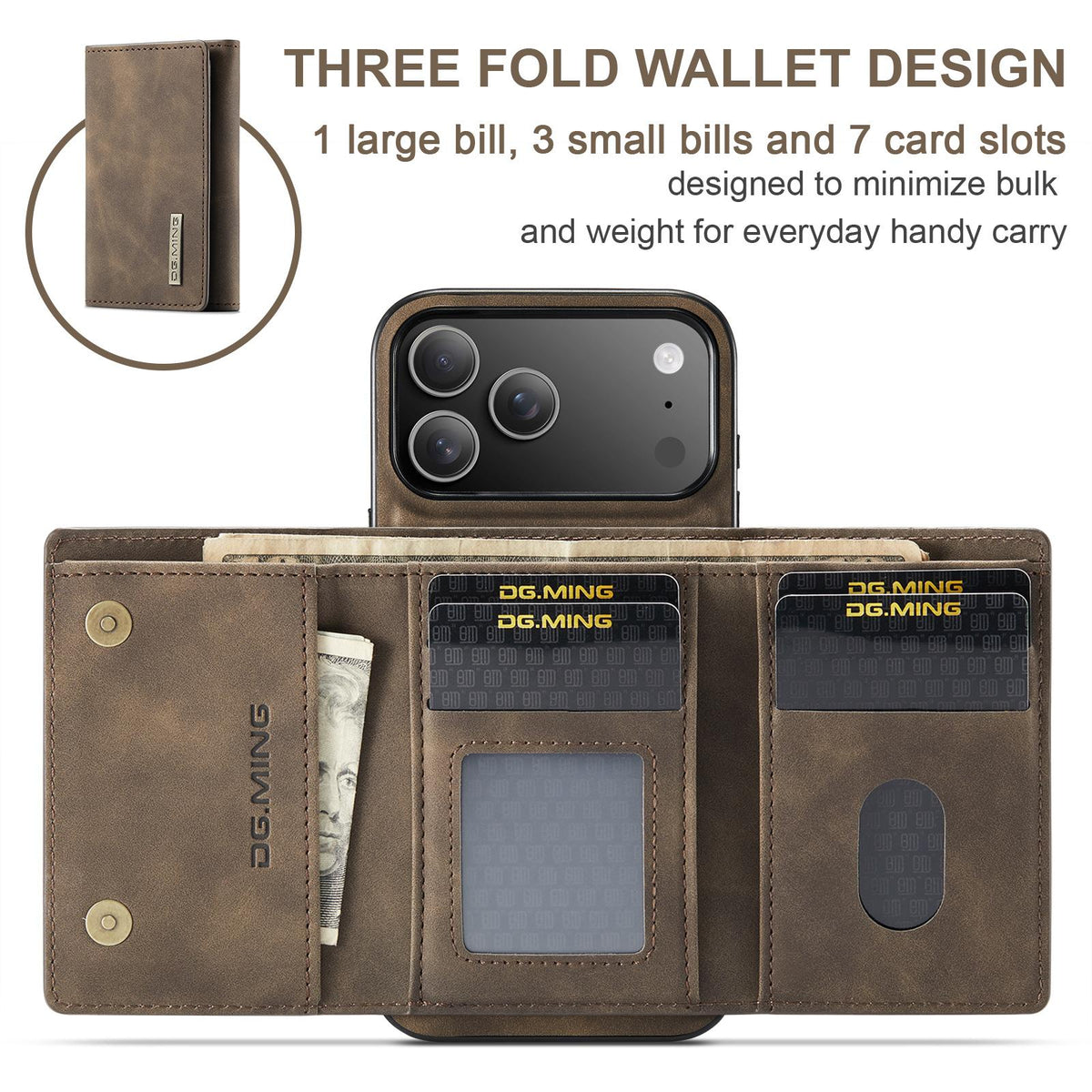 Compatible with iPhone 18 Pro Max & 17 Pro Max DG.MING M1 Series 3-Fold Multi Card Wallet Leather Phone Case - Coffee