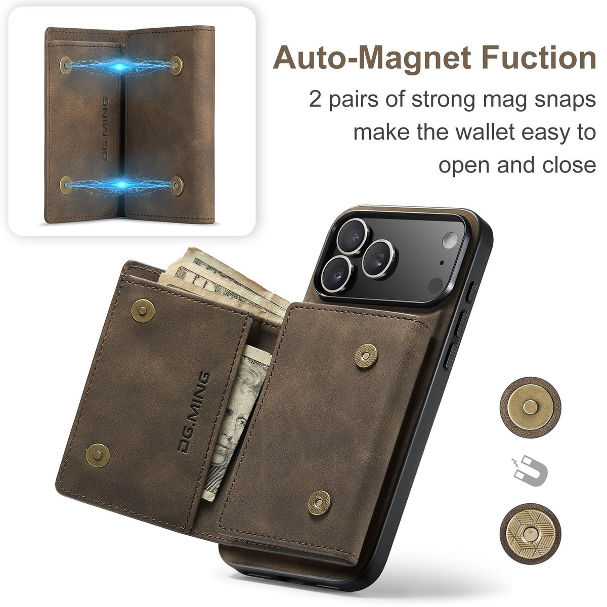 Compatible with iPhone 18 Pro Max & 17 Pro Max DG.MING M1 Series 3-Fold Multi Card Wallet Leather Phone Case - Coffee
