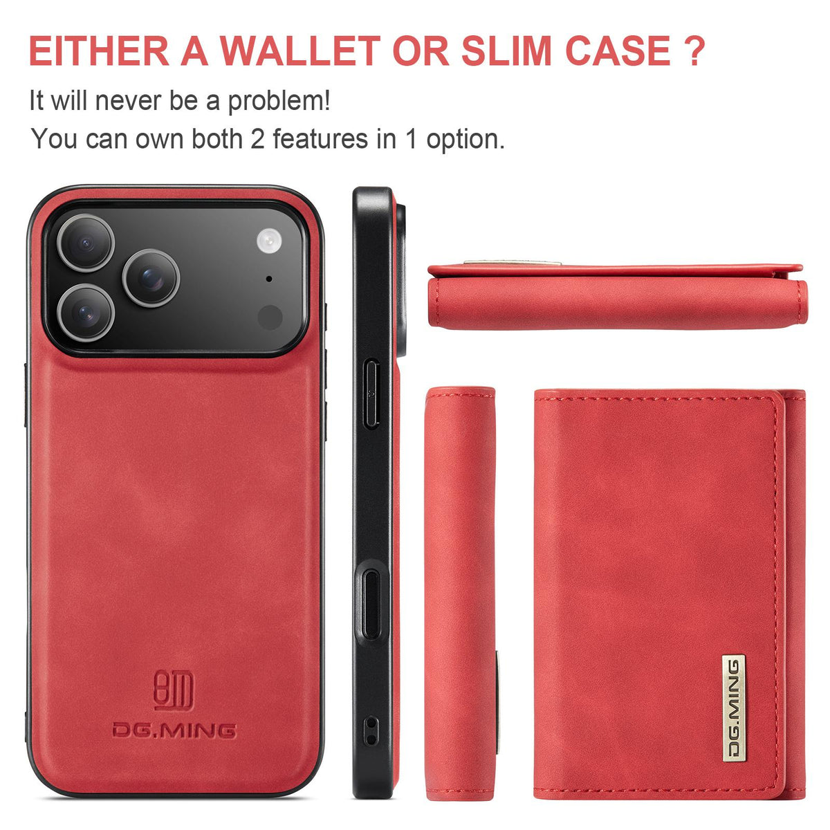 Compatible with iPhone 18 Pro Max & 17 Pro Max DG.MING M1 Series 3-Fold Multi Card Wallet Leather Phone Case - Red