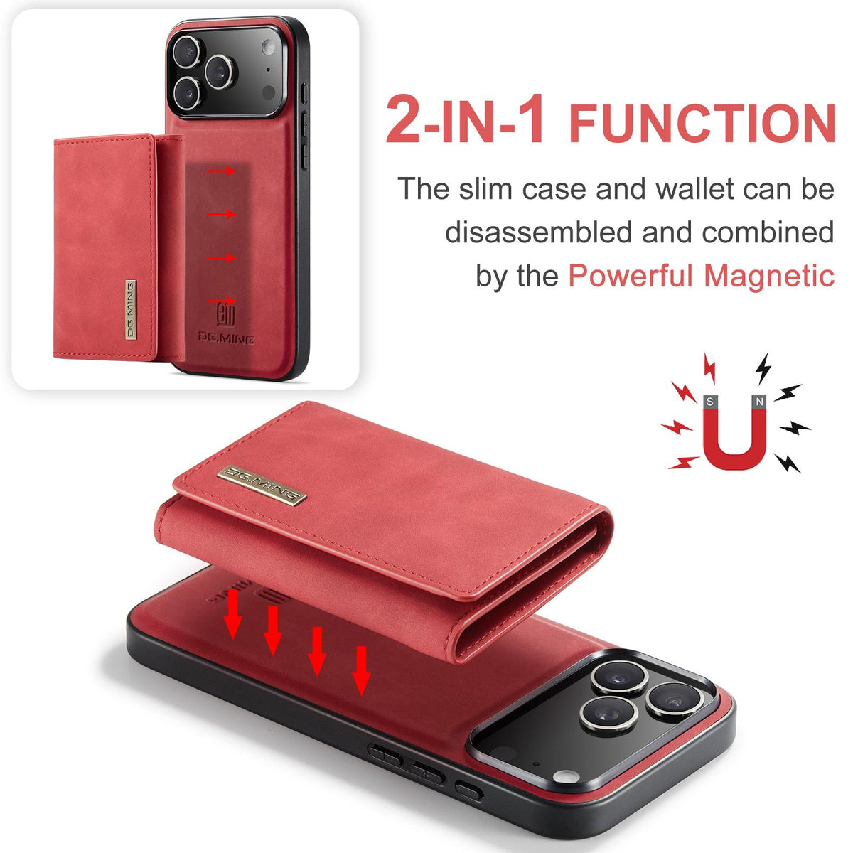 Compatible with iPhone 18 Pro Max & 17 Pro Max DG.MING M1 Series 3-Fold Multi Card Wallet Leather Phone Case - Red
