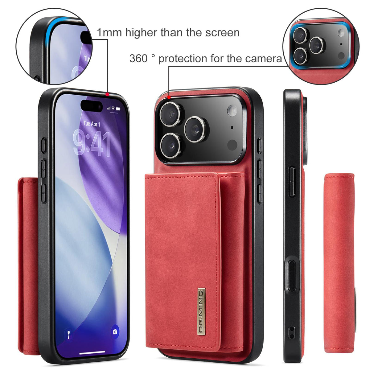 Compatible with iPhone 18 Pro Max & 17 Pro Max DG.MING M1 Series 3-Fold Multi Card Wallet Leather Phone Case - Red