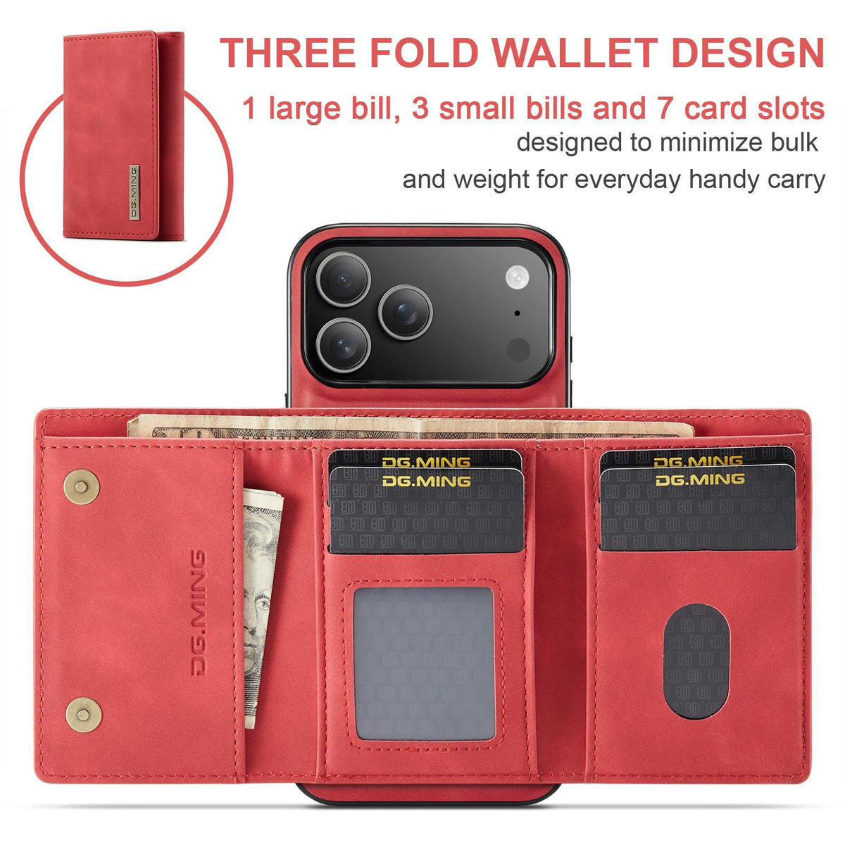 Compatible with iPhone 18 Pro Max & 17 Pro Max DG.MING M1 Series 3-Fold Multi Card Wallet Leather Phone Case - Red