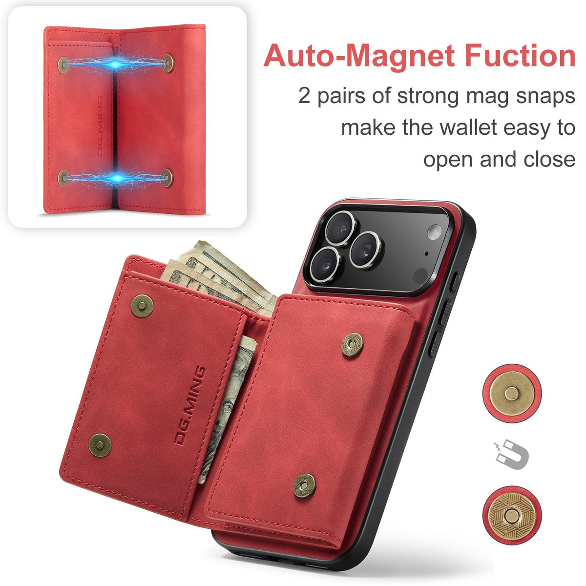 Compatible with iPhone 18 Pro Max & 17 Pro Max DG.MING M1 Series 3-Fold Multi Card Wallet Leather Phone Case - Red