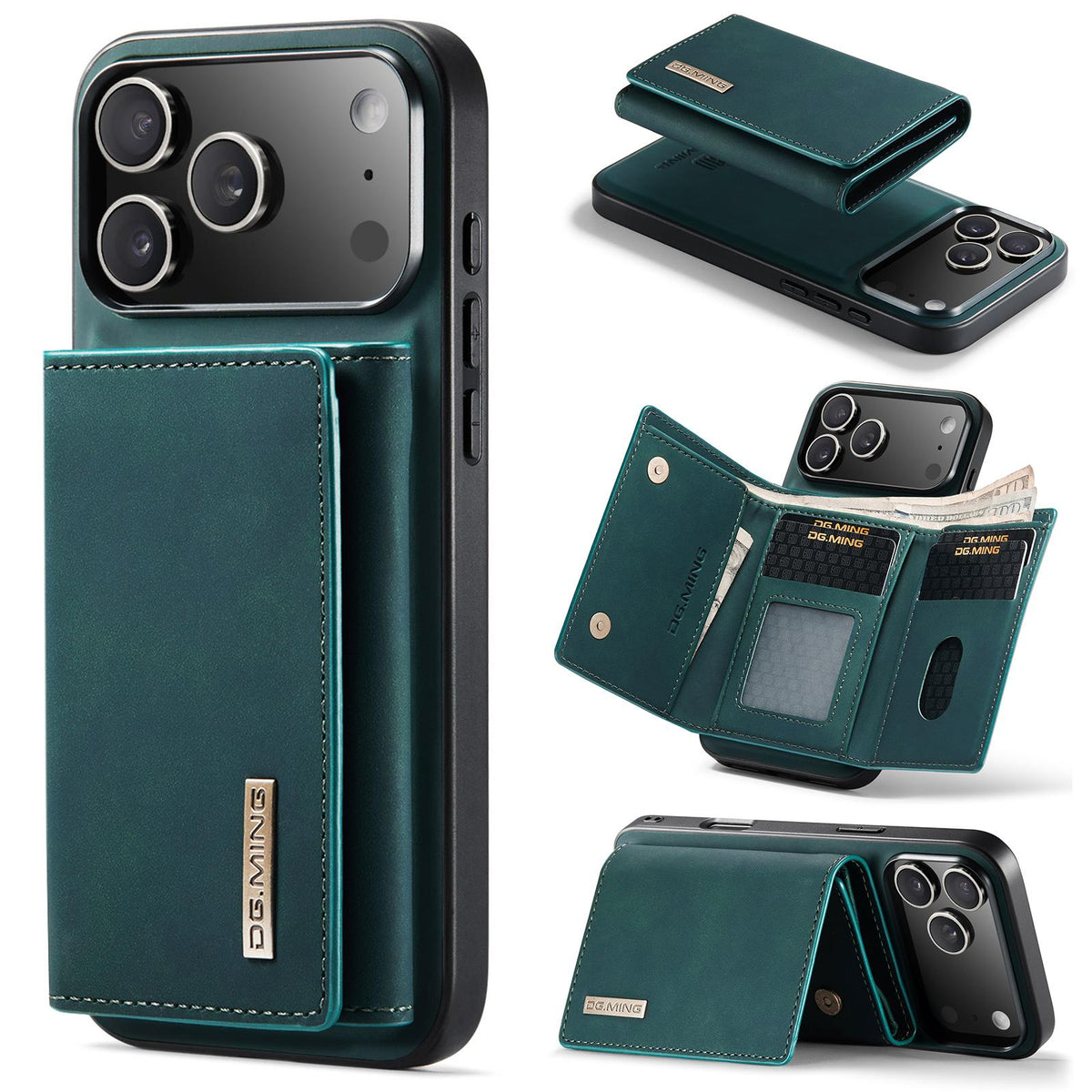 Compatible with iPhone 18 Pro Max & 17 Pro Max DG.MING M1 Series 3-Fold Multi Card Wallet Leather Phone Case - Green