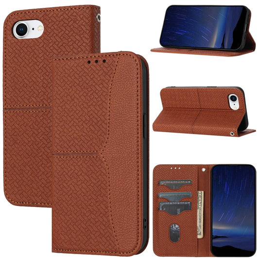For iPhone 16e Woven Texture Stitching Magnetic Leather Phone Case(Brown)