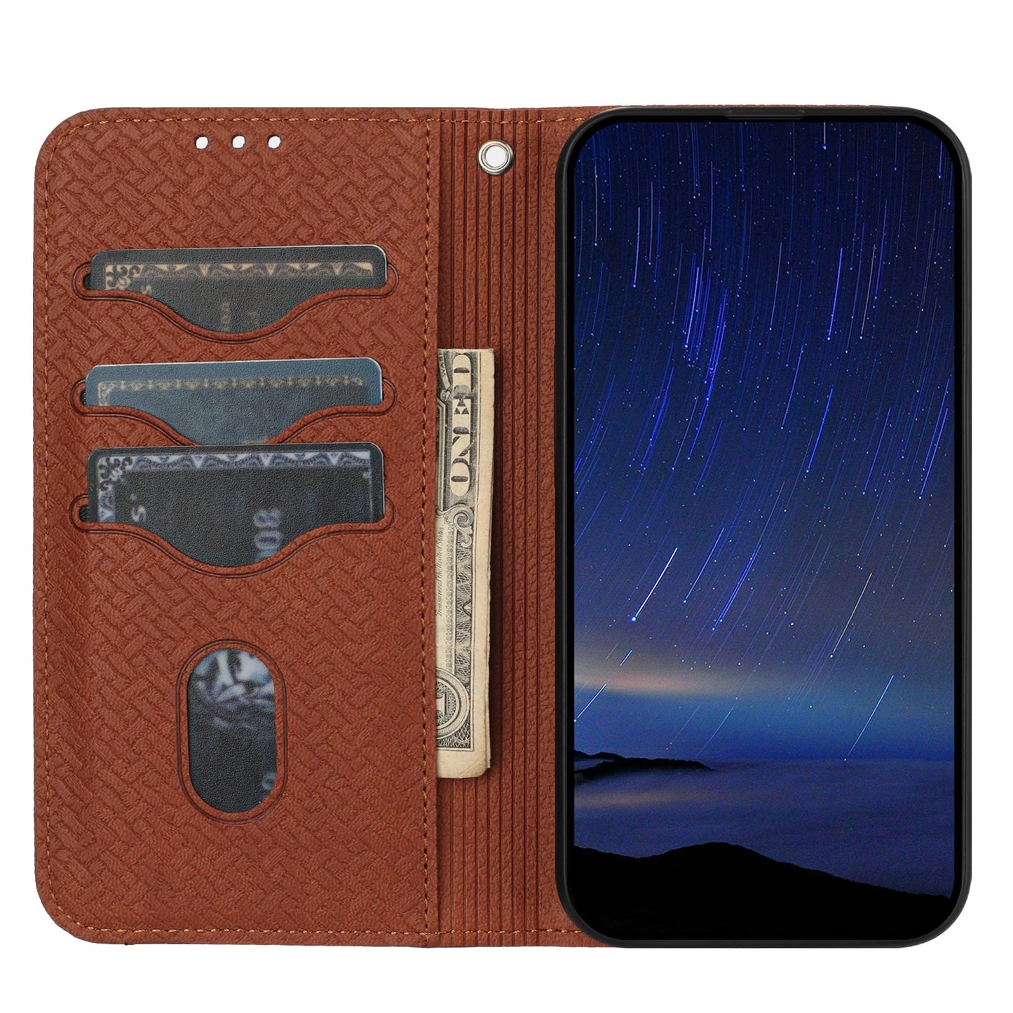 For iPhone 16e Woven Texture Stitching Magnetic Leather Phone Case(Brown)