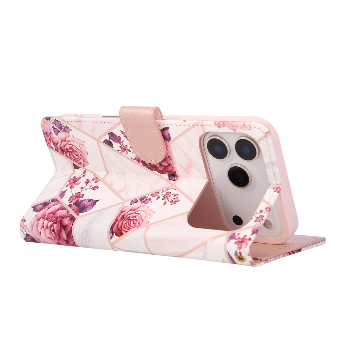 Compatible with iPhone 18 Pro Max & 17 Pro Max Marble Bronzing Stitching Leather Phone Case - Rose Gold