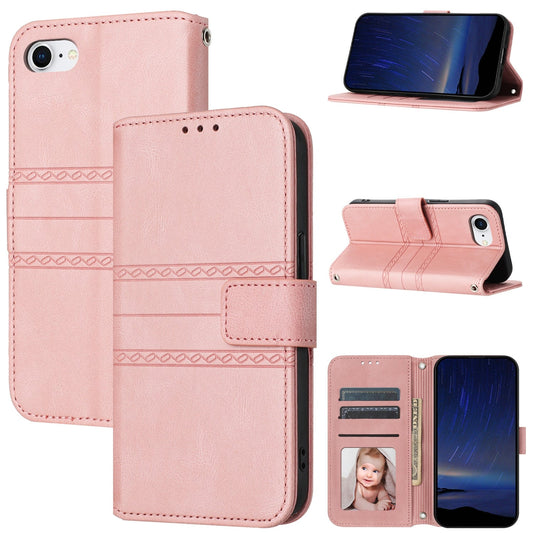 For iPhone 16e Embossed Stripes Skin Feel Leather Phone Case(Pink)